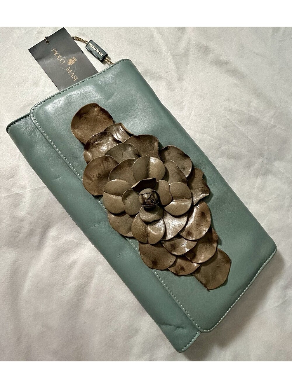 Paolo Masi Italian Leather Floral Clutch Aqua Blue w/Metallic Leather Flower NWT